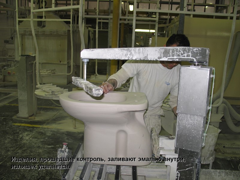 Изделия, прошедшие контроль, заливают эмалью внутри,  излишек удаляется.